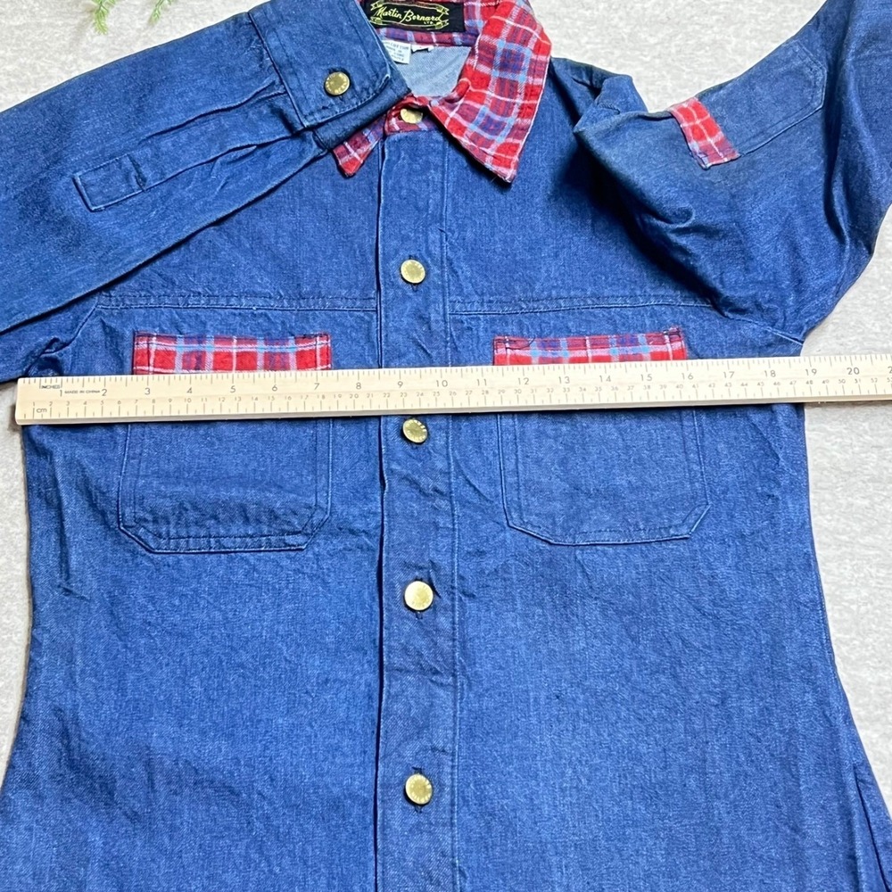 Vintage Martin Bernard Denim Shirt Jacket Mens Medium Blue Plaid Trim Cotton GUC - Picture 5 of 7